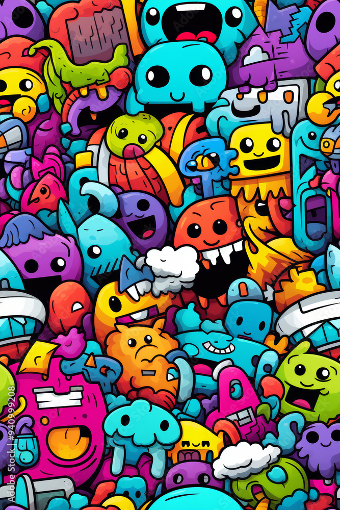 Obraz premium A colorful, whimsical doodle pattern featuring happy, cartoon-like monsters in various shapes and sizes.