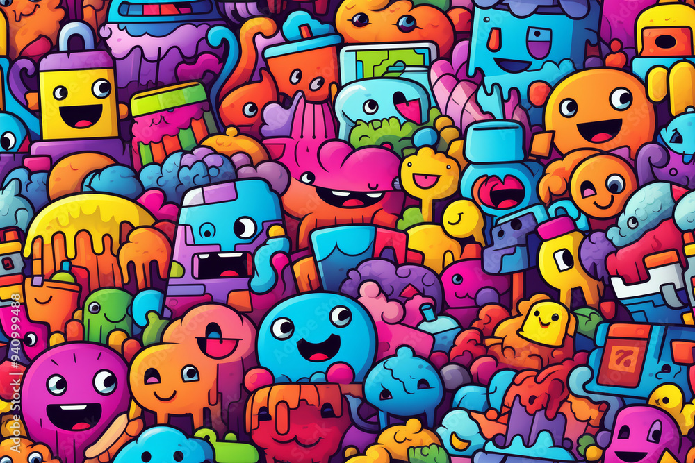 A colorful, vibrant pattern featuring an array of playful, cartoon-like creatures with happy expressions. A colorful, vibrant pattern featuring an array of playful, cartoon-like creatures with happy expressions.
