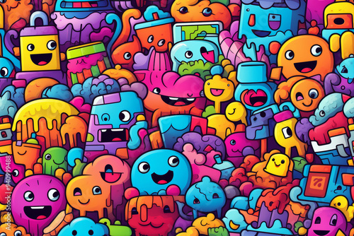 A colorful, vibrant pattern featuring an array of playful, cartoon-like creatures with happy expressions.