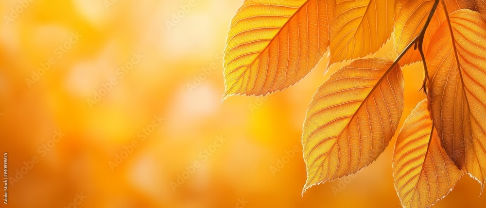 A tight shot of a tree branch, adorned with vibrant yellow leaves, against a hazy backdrop of indistinct leafy foliage A tight shot of a tree branch, adorned with vibrant yellow leaves, against a hazy backdrop of indistinct leafy foliage