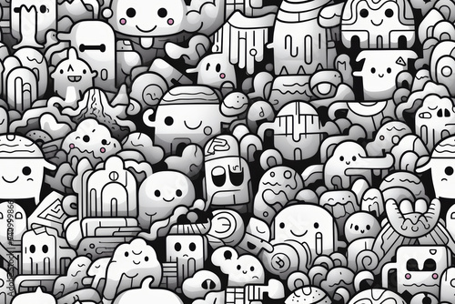 A seamless pattern featuring a chaotic array of doodle characters, shapes, and objects in black and white.