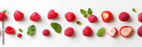 Raspberries, Strawberries, and Leaves on White Background