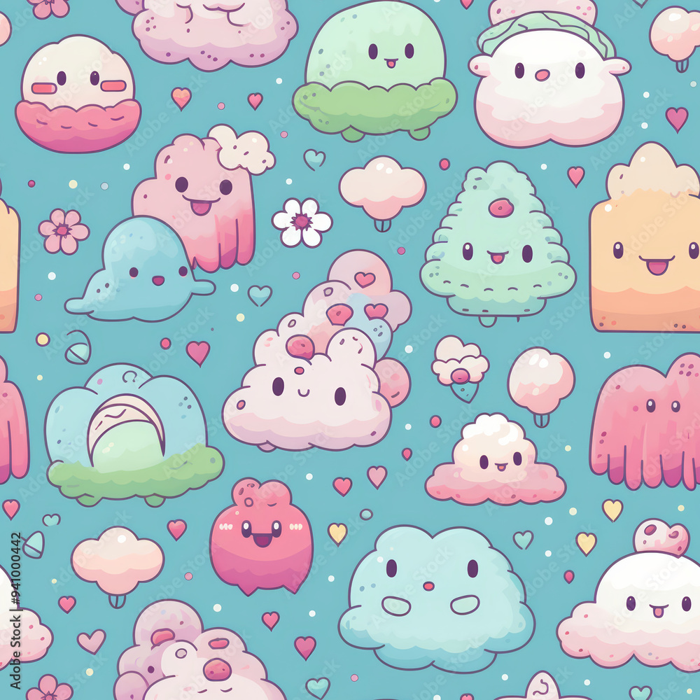 Fototapeta premium A seamless pattern featuring cute cartoon clouds with different expressions and colors on a blue background with hearts and flowers.