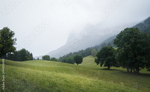 Moody mountain view with fog and clouds