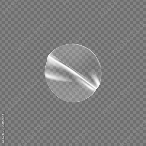 Transparent glued crumpled round sticker, 3D realistic vector adhesive wrinkled plastic circle label, overlay PVC tag
