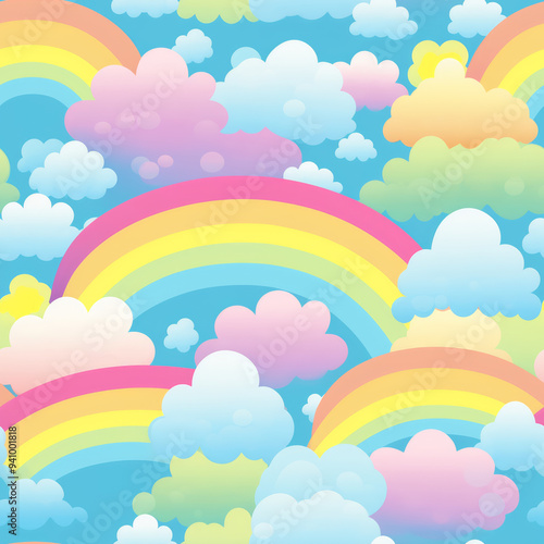 A seamless pattern of colorful rainbows and clouds against a bright blue sky.