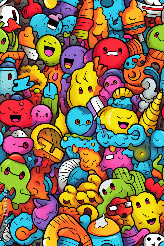 A seamless pattern of colorful doodles with happy faces, cartoon characters, and abstract shapes. A seamless pattern of colorful doodles with happy faces, cartoon characters, and abstract shapes.