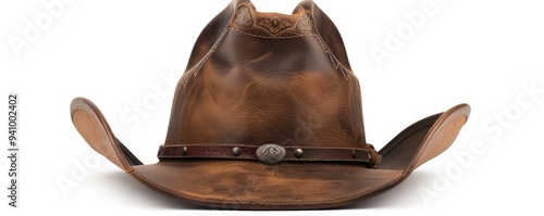 Classic brown cowboy hat with decorative details on brim. photo