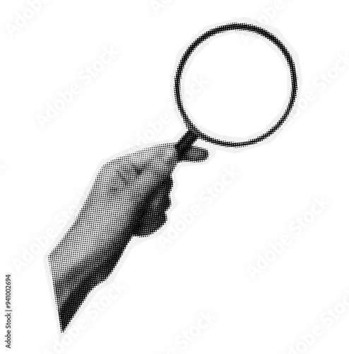 Halftone hand holding a magnifying glass in trendy collage style. Search concept. Design element on isolated background