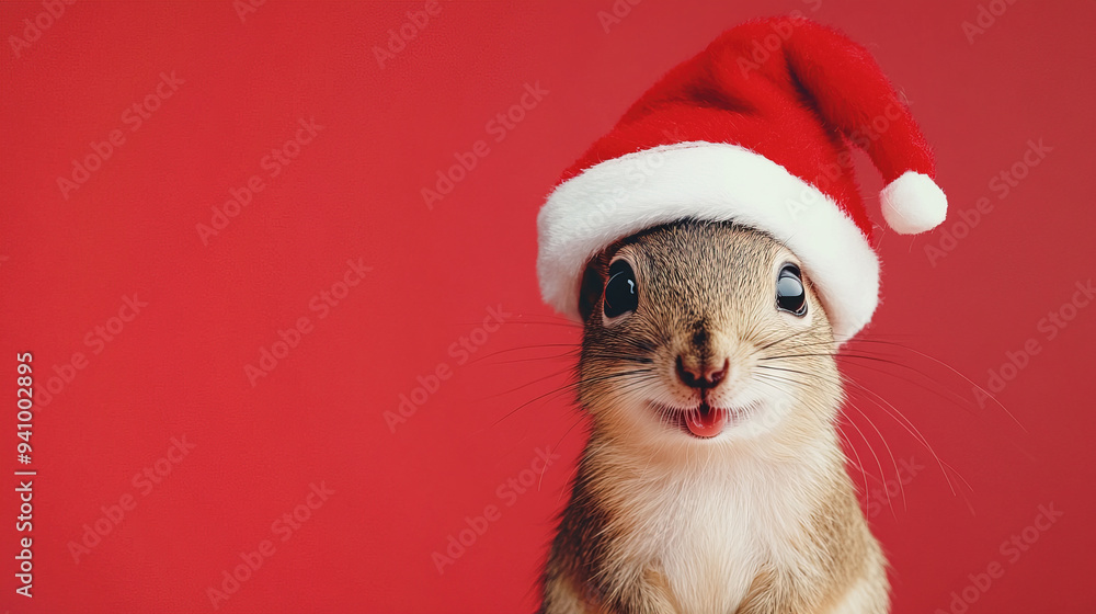 squirrel with christmas hat on red background squirrel with christmas hat on red background