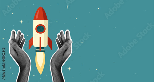 Launch of startup business products and services. Halftone hands hold rocket in cosmos background. Startup idea.