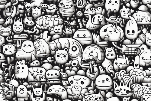 A seamless pattern of cute black and white doodles with cartoon animals and various objects.