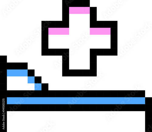 Sofa icon. Medicine session symbol. Pixel style.