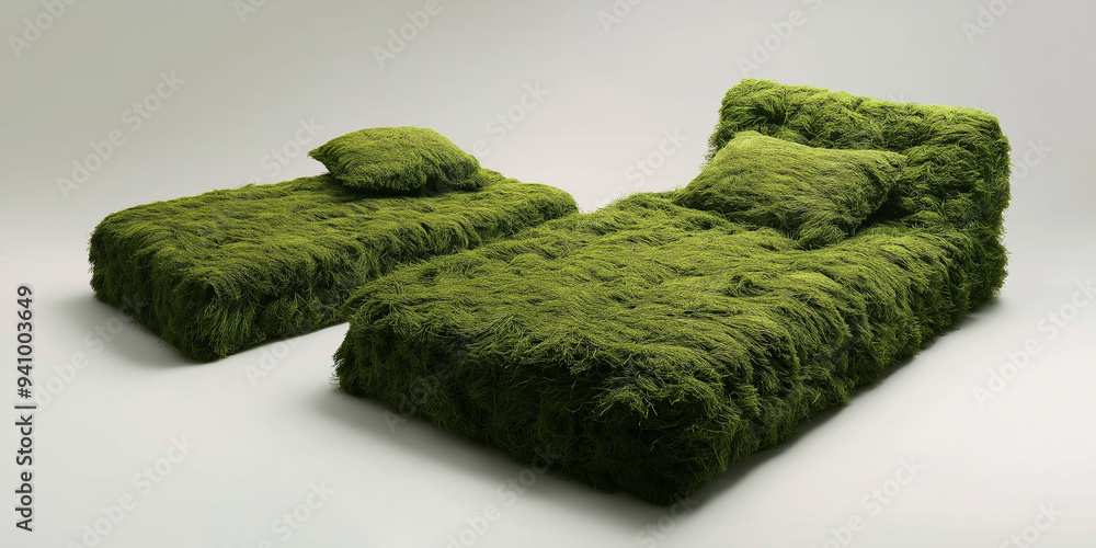 Fototapeta premium Weiches, natürliches Bett aus üppigem grünem Moos. Einladendes, organisches Polster in der Natur. Symbolisiert Umweltfreundlichkeit, Vegan und Verbundenheit mit der Erde. Konzept für Öko-Lifestyle