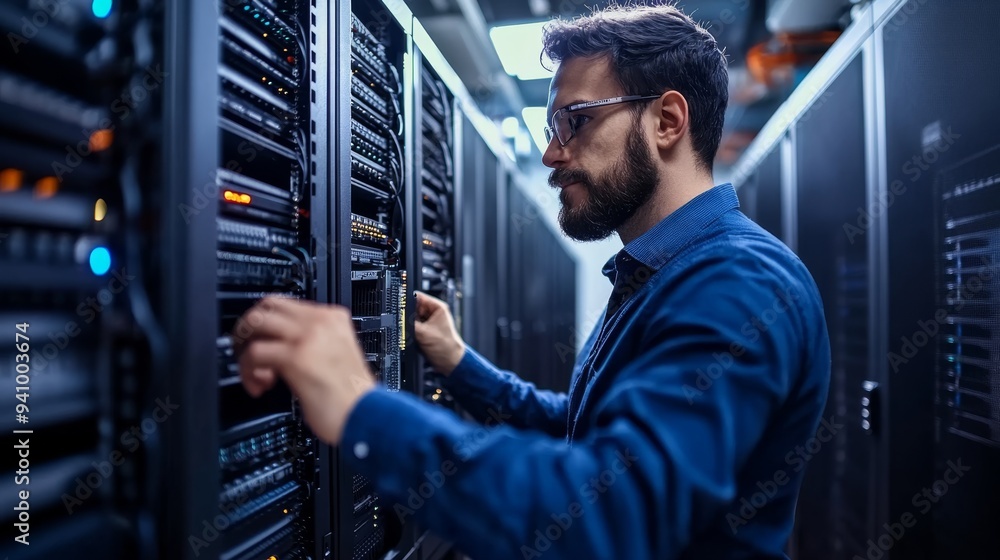 IT service professional setting up a secure server in a corporate data center. IT service professional setting up a secure server in a corporate data center.