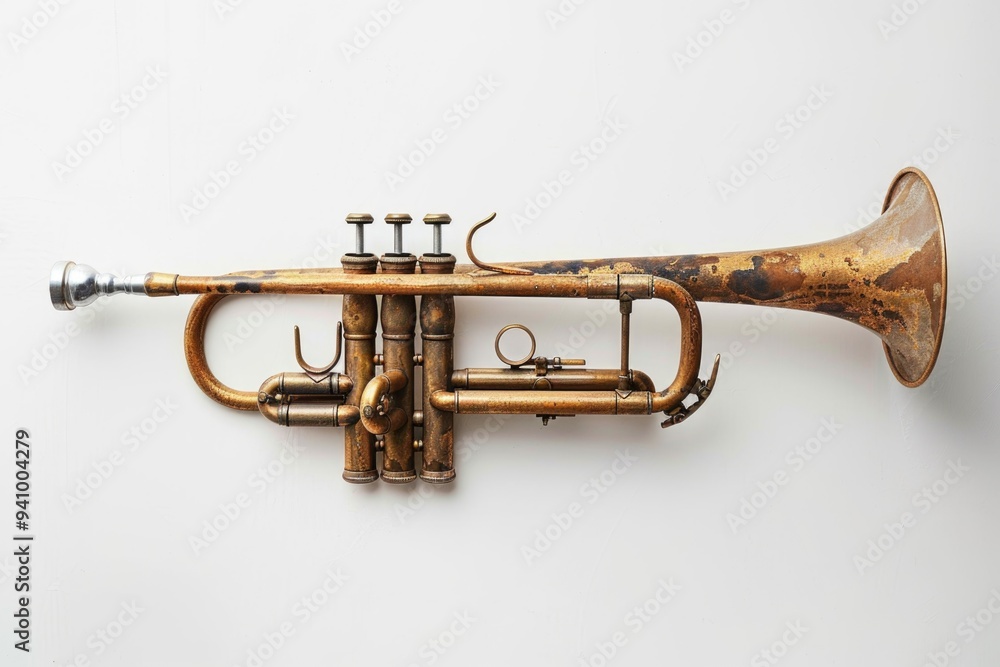Obraz premium A vintage-style brass trumpet placed on a clean white background