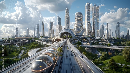 Futuristic Metropolis: A mesmerizing vision of a hyper-connected, technologically advanced city, showcasing towering skyscrapers, futuristic transportation systems, and a seamless blend of urban infra