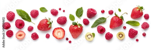 Fresh Raspberries, Strawberries, and Kiwi Slices with Mint Leaves on White Background