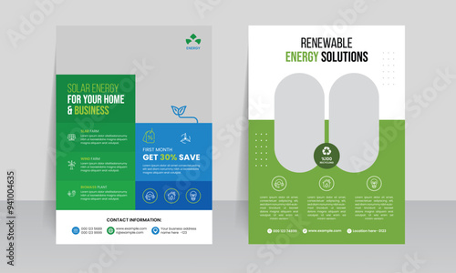 Solar green energy system flyer design template, eco green renewable service brochure cover booklet & business