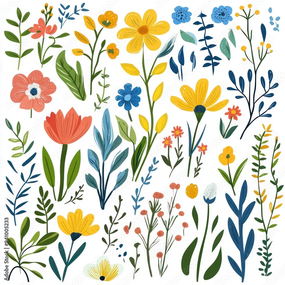 Delicate hand-drawn floral pattern with soft pastel flowers and leaves on a white background Generative AI Delicate hand-drawn floral pattern with soft pastel flowers and leaves on a white background Generative AI