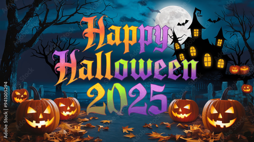Happy Halloween 2025 with spooky house, full moon and jack-o-lanterns.. Happy Halloween 2025 with spooky house, full moon and jack-o-lanterns..