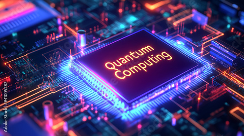 A glowing Quantum Computing chip on a vibrant circuit board..