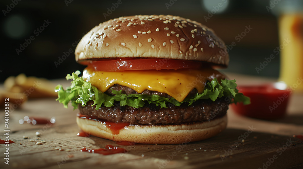 Classic Cheeseburger with Fresh Lettuce and Tomato on a Wooden Table National Cheeseburger Day Classic Cheeseburger with Fresh Lettuce and Tomato on a Wooden Table National Cheeseburger Day