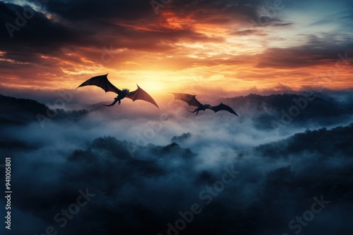 Two shadowy dragons fly through a mist-covered valley as the sun sets, casting an eerie and mystical glow over the landscape, enhancing the sense of intrigue.