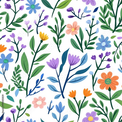 Wallpaper Mural Vibrant floral pattern with colorful flowers and lush green leaves on a white background Generative AI Torontodigital.ca