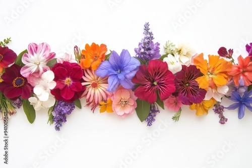 Vibrant garland of mixed flowers arranged in a colorful display against a white background