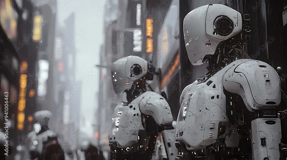 Robots in a futuristic city: A mesmerizing glimpse into a world of advanced technology, where robots stand tall amidst the towering structures of a futuristic metropolis. The image evokes a sense of w Robots in a futuristic city: A mesmerizing glimpse into a world of advanced technology, where robots stand tall amidst the towering structures of a futuristic metropolis. The image evokes a sense of w