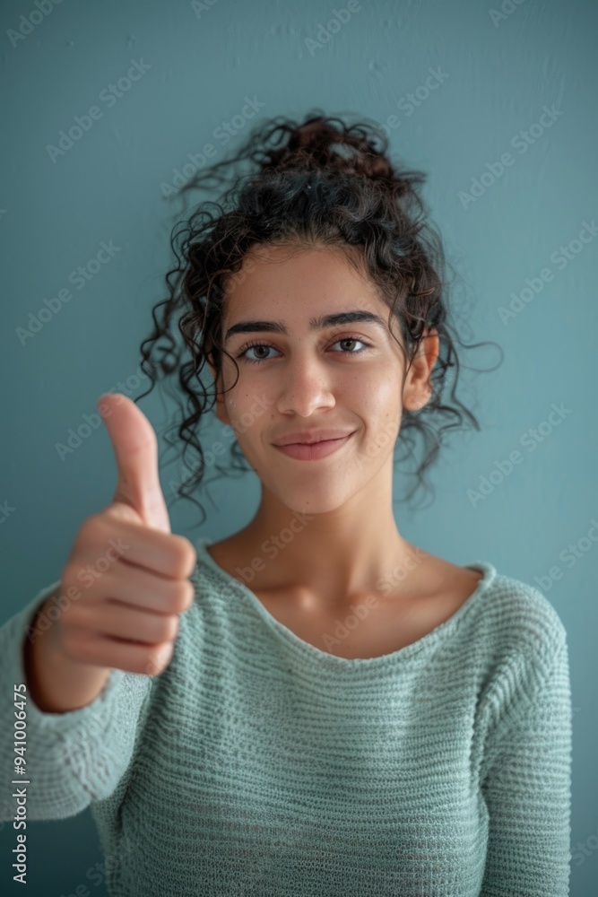 A happy woman gives a thumbs up with her hand, suitable for success and positivity-themed images A happy woman gives a thumbs up with her hand, suitable for success and positivity-themed images