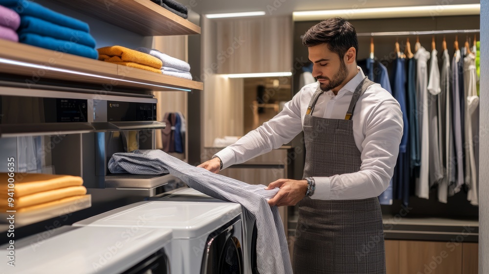 Fototapeta premium Laundry service professional handling delicate fabrics with care in a stylish boutique.