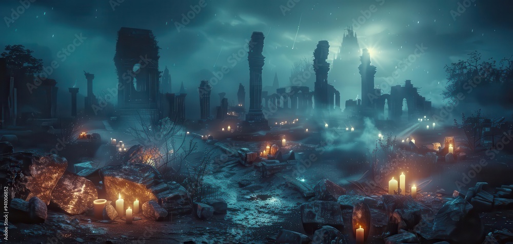 Eerie ancient ruins illuminate the night with a haunting glow, creating a mystical and atmospheric scene shrouded in fog and darkness. Eerie ancient ruins illuminate the night with a haunting glow, creating a mystical and atmospheric scene shrouded in fog and darkness.