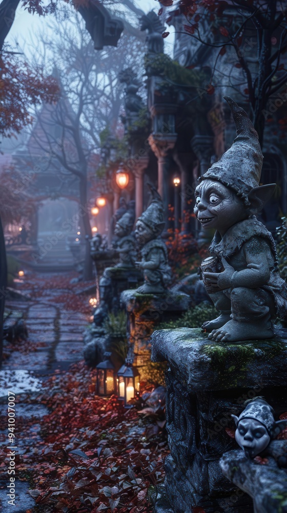 Mysterious forest path lined with eerie, detailed stone statues on a foggy night, illuminated by warm glowing lanterns. Mysterious forest path lined with eerie, detailed stone statues on a foggy night, illuminated by warm glowing lanterns.