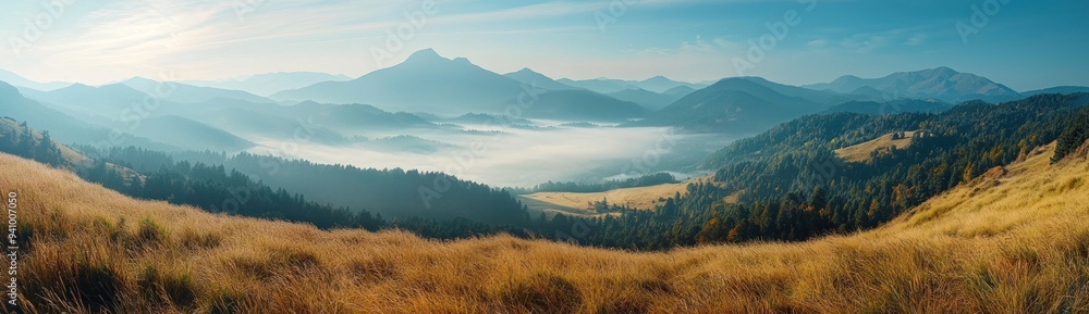 Fototapeta premium Morning mist over mountain valley with golden grass and forest Generative AI
