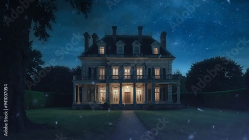 A large, old house with a porch and lit windows stands on a grassy lawn under a starry night sky.