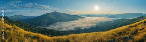 Morning mist over mountain valley with golden grass and forest Generative AI