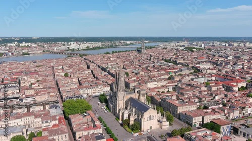 Bordeaux, France: Aerial view of famous French historic city, cathedral Cathédrale Saint-André de Bordeaux and Pey Berland Tower, summer day with blue sky - landscape panorama of Europe from above
 photo