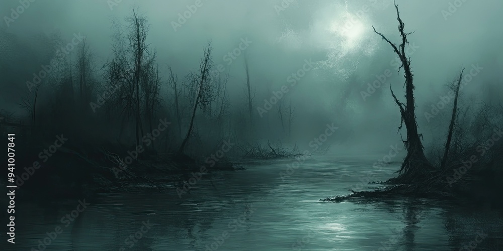 A misty swamp with a dead tree. A misty swamp with a dead tree.