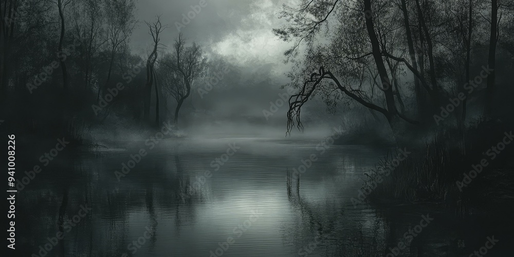Silhouetted trees reflected in a misty river. Silhouetted trees reflected in a misty river.