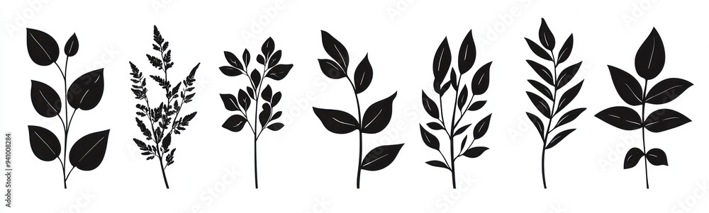 Silhouette botanical illustrations of various plants and leaves in black on a white background Generative AI Silhouette botanical illustrations of various plants and leaves in black on a white background Generative AI