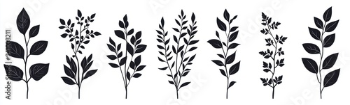 Silhouette botanical illustrations of various plants and leaves in black on a white background Generative AI