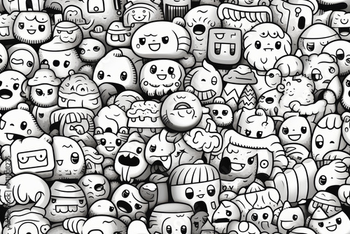 A seamless pattern with cute doodle characters in black and white.