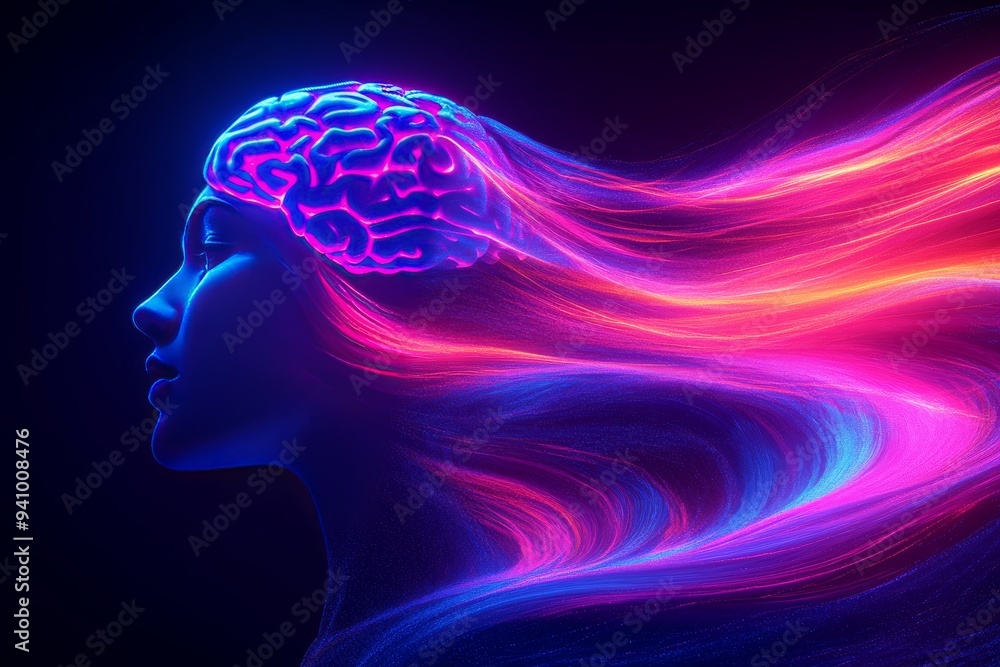 A surreal digital portrait of a woman with her brain depicted as flowing neon lights representing the intensity of thought creativity and the energy of cognition in a vibrant futuristic style A surreal digital portrait of a woman with her brain depicted as flowing neon lights representing the intensity of thought creativity and the energy of cognition in a vibrant futuristic style