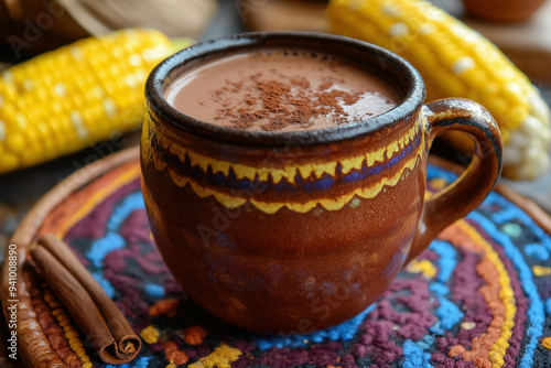 Mexican Champurrado, Atole De Cacao. Corn Chocolate Hot Spicy Drink With Cinnamon photo