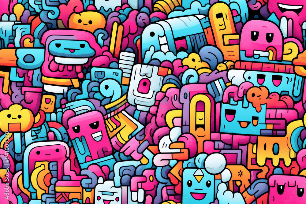A vibrant and chaotic seamless pattern of colorful doodles with cute cartoon characters and geometric shapes. A vibrant and chaotic seamless pattern of colorful doodles with cute cartoon characters and geometric shapes.