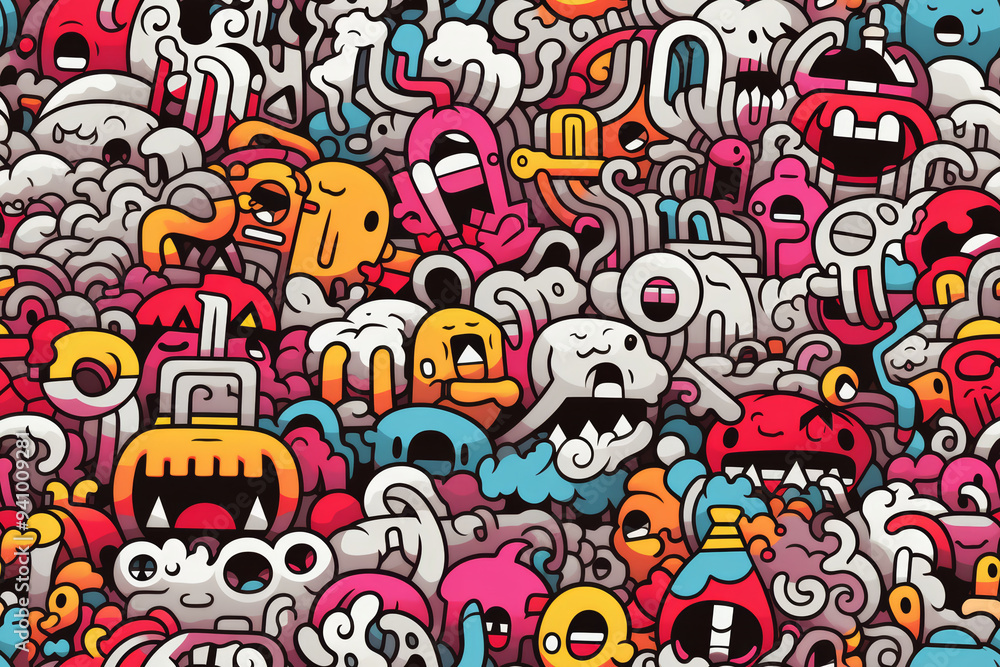 A vibrant and chaotic pattern of colorful doodle characters, featuring various shapes, sizes, and expressions, creating a dynamic and playful visual experience. A vibrant and chaotic pattern of colorful doodle characters, featuring various shapes, sizes, and expressions, creating a dynamic and playful visual experience.