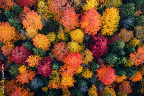 Aerial view of vibrant autumn forest with colorful foliage and lush green trees Generative AI