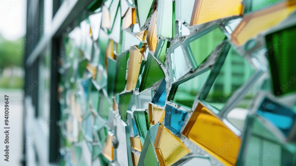 Obraz premium A close-up of colorful stained glass window fragments, showcasing a mix of green, blue, yellow, and orange glass pieces.